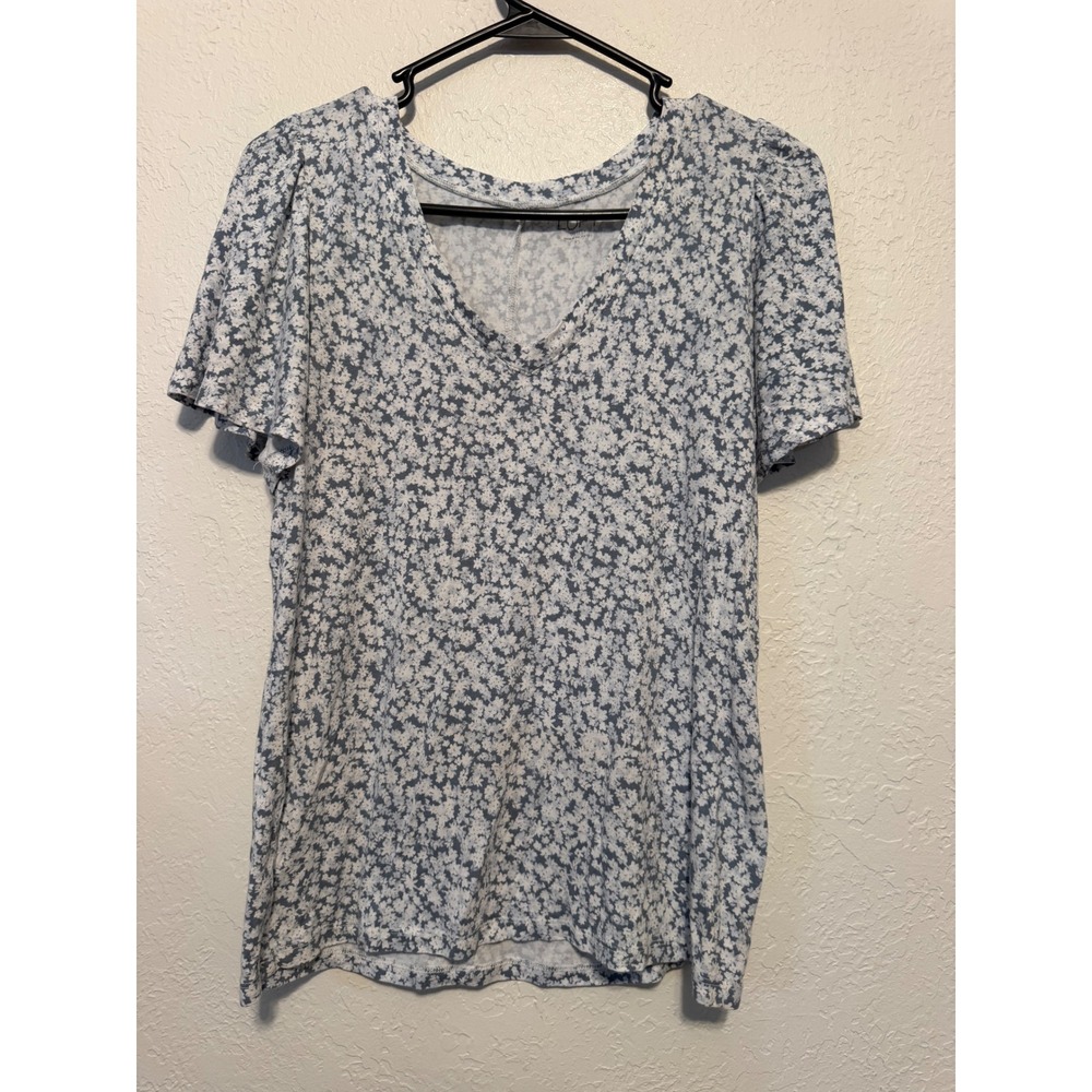 Loft Outlet Blue White Floral V-Neck Flutter Sleeve Top XS 611346